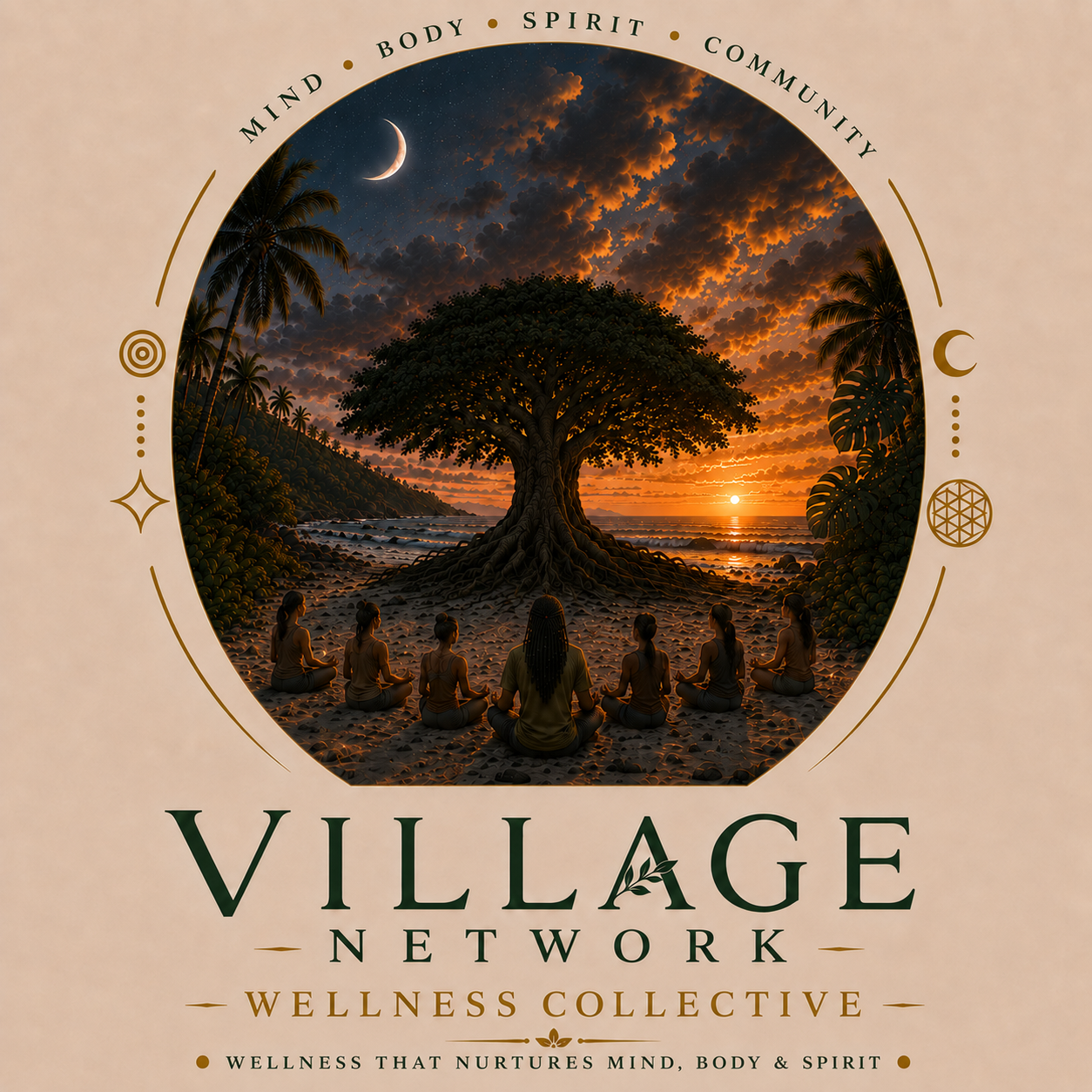 Village Network Wellness Collective logo with people beneath a tree at sunset